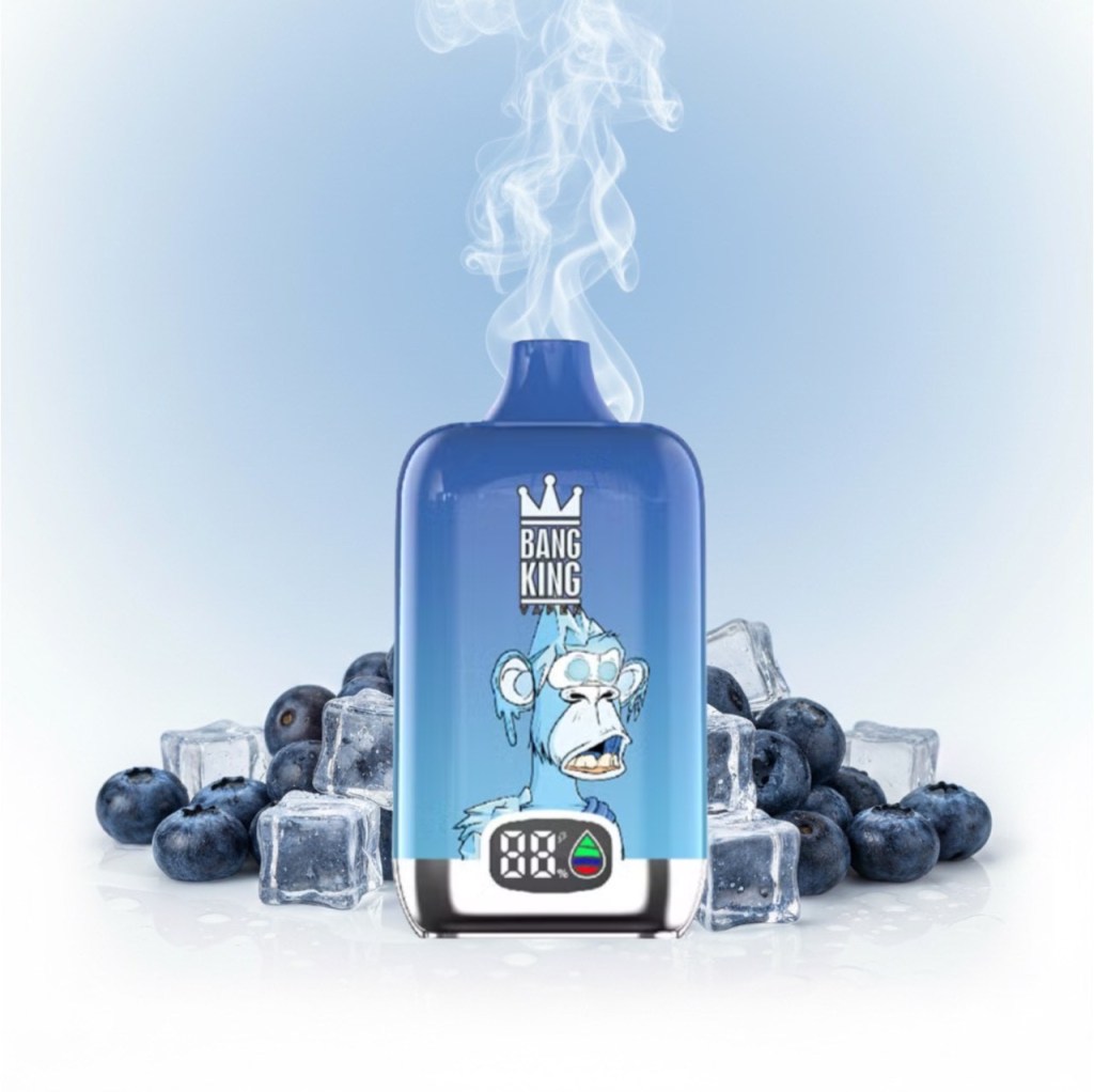 A blue e-cigarette device featuring a cartoonish gorilla graphic, surrounded by ice cubes and blueberries, with vapor rising in the background.